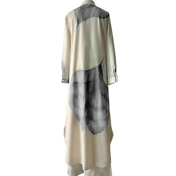 Luxury Blue Colorblock Satin Lounge Oversized Button-Down Shirt & Wide-Leg Pants - Picture 9 of 12